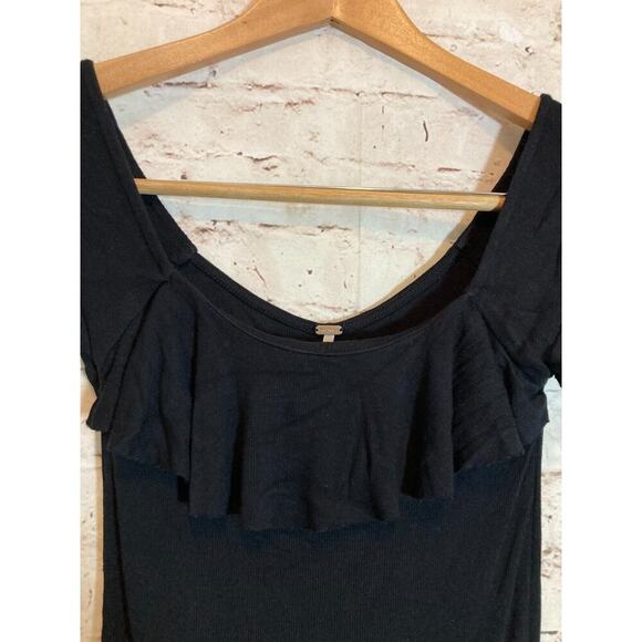 Free People Top Womens Small Black Raw Hem Ruffle Ribbed Whimsy Goth Stretch - Picture 2 of 13